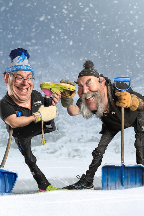 HP och Kenneth skottar i foppa - tecknad illustration för Prodobs vinterkampanj