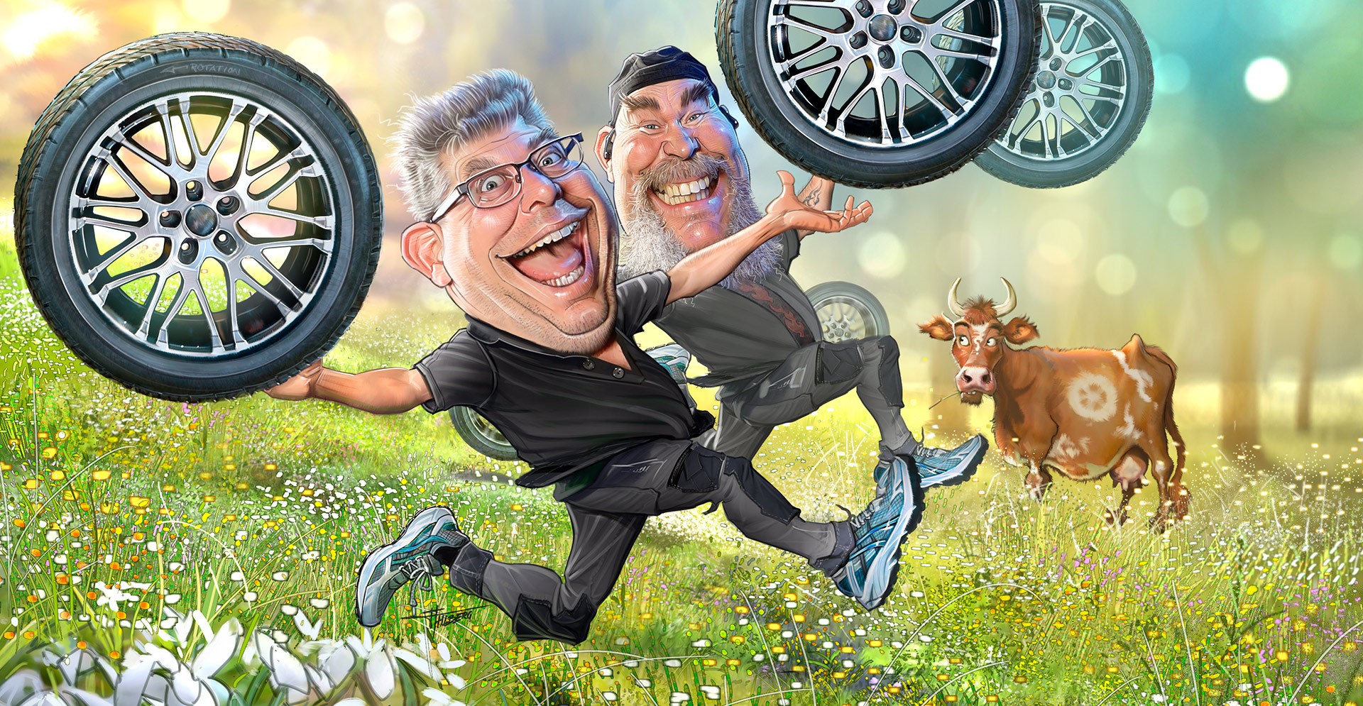 Karikatyr på HP och Kenneth på Prodob - vårkampanj där de springer ut i hagen med däck för det är