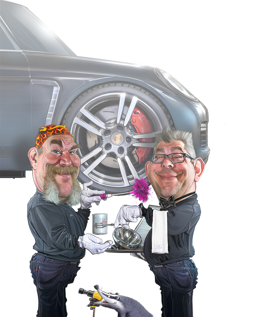karikatyr-teckning på Kenneth och HP som tar hand om en service på en bil på absolut högsta nivån.