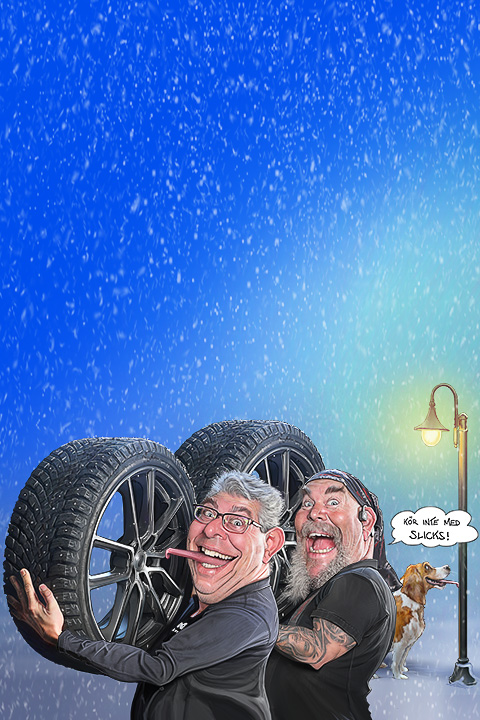 Karikatyr på HP och Kenneth på Prodob - vinterkampanj där H-P har fastnat med tungan på fälgen. En hund har också fastnat med tungan på en lyktstolpe. En pratbubbla med ironiska texten 