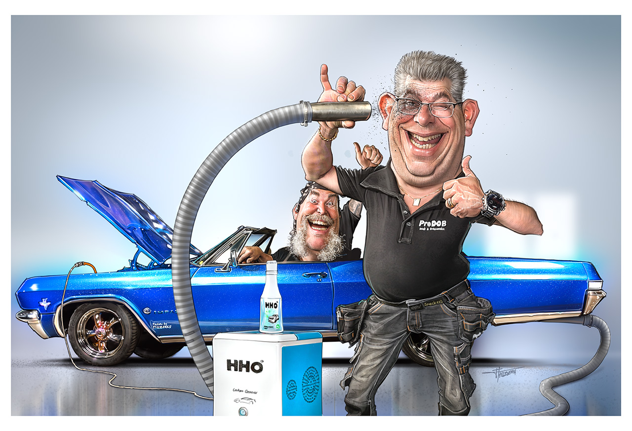 HHO Europe - Carbon Cleaner, illustration med HP och Kenneth som visar HHO-Europes produkt för rengöring av motorn och alla dess delar.