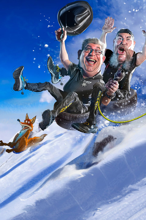 Bra däck på glidet - karikatyr på HP och Kenneth som åker ner för en snöbacke på däck